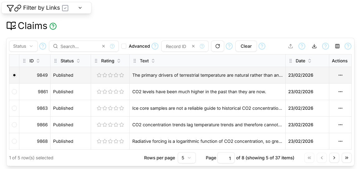 Screen-shot of the Claims table