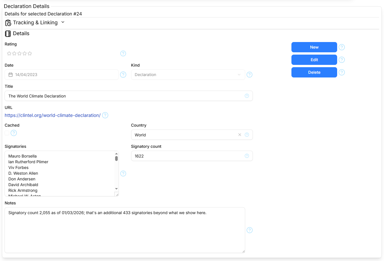 Screen-shot of the Declaration details section