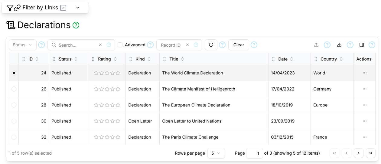 Screen-shot of the Declarations table