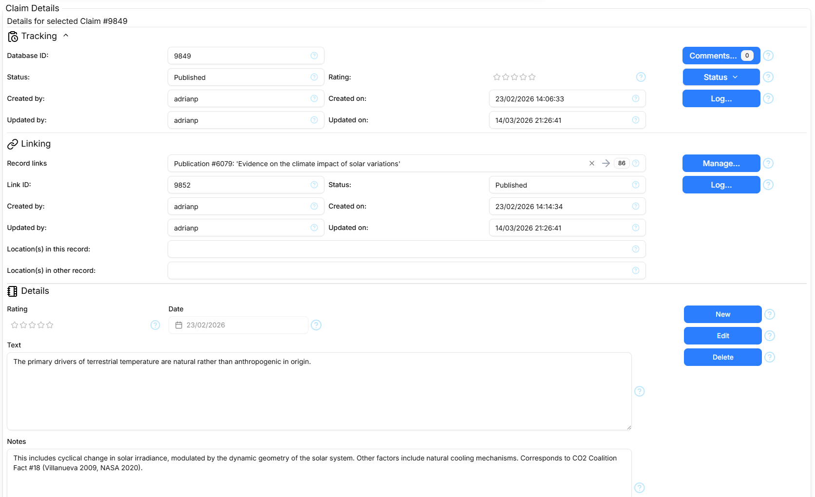 Screen-shot of a typical details section