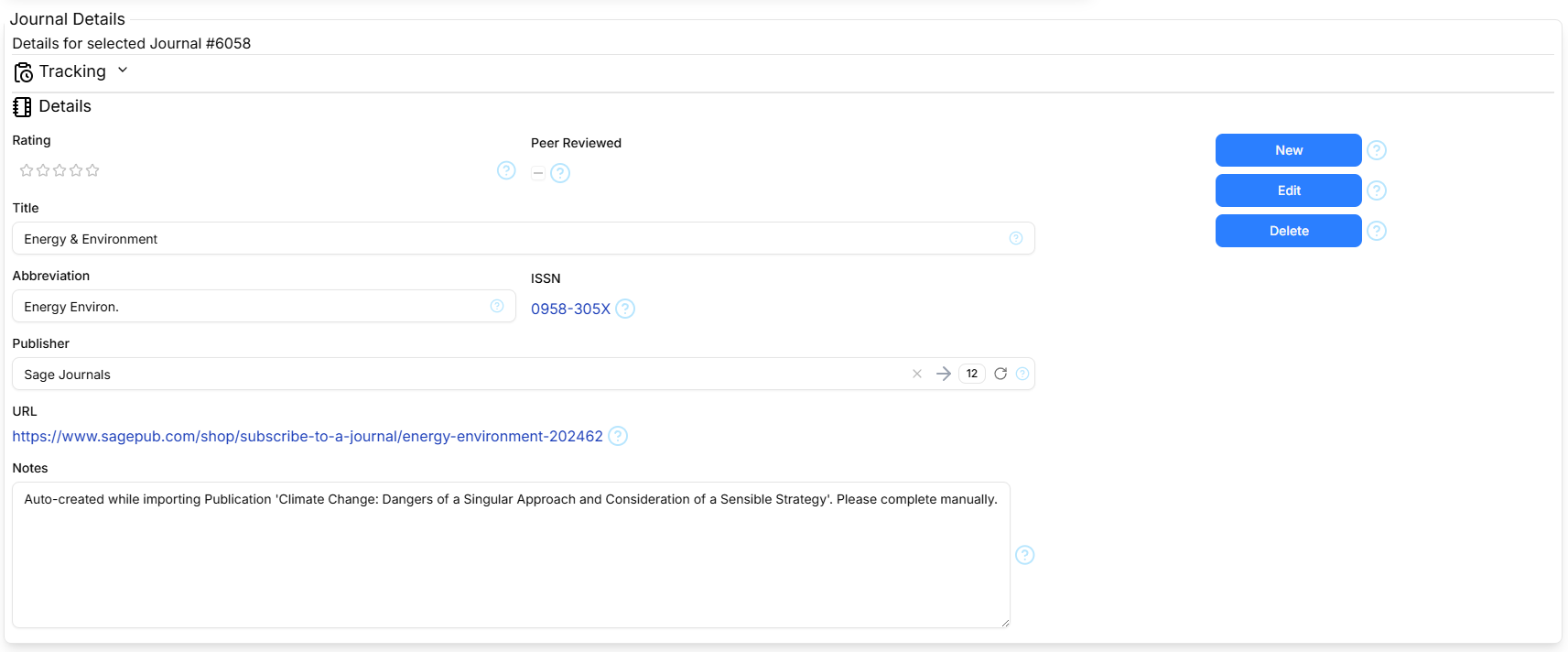 Screen-shot of the Journal details section