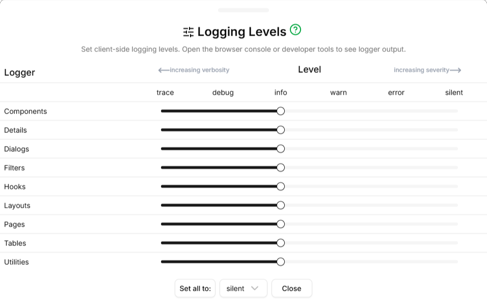 Screen-shot of the Logging Levels dialog