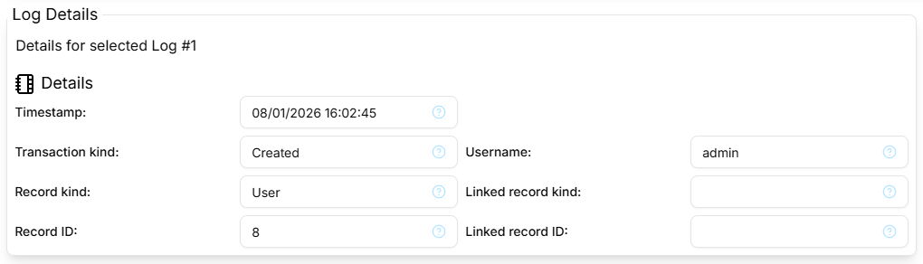Screen-shot of the Log details section
