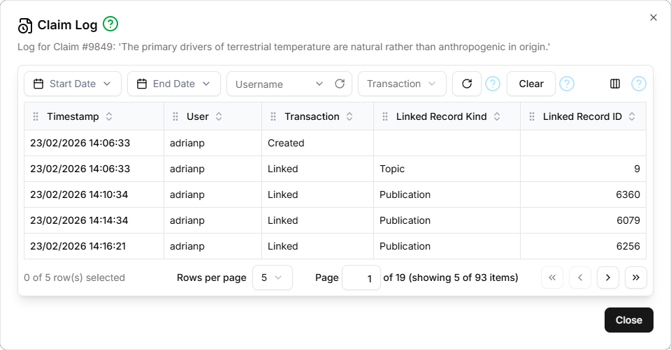 Screen-shot of the Log dialog