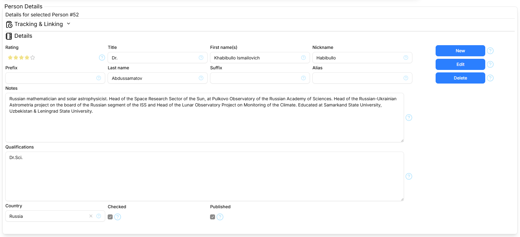 Screen-shot of the Person details section
