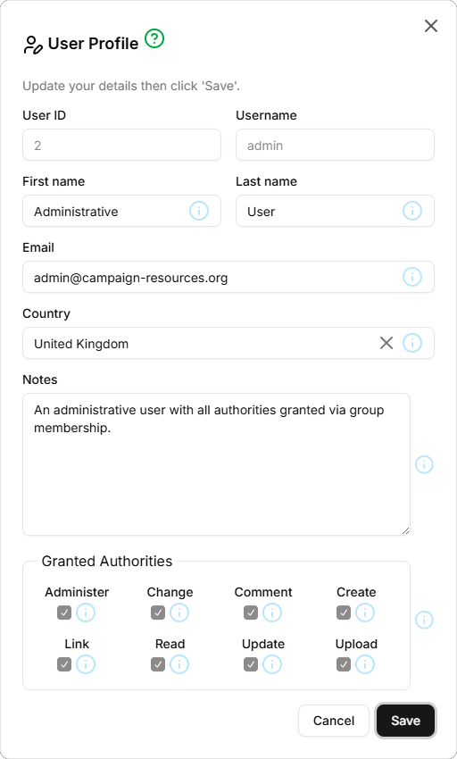 Screen-shot of the Profile dialog