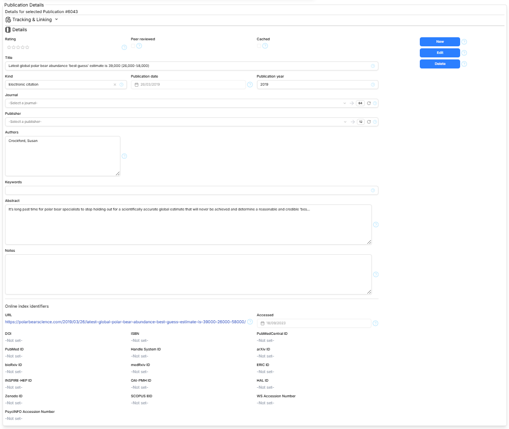 Screen-shot of the Publications details section