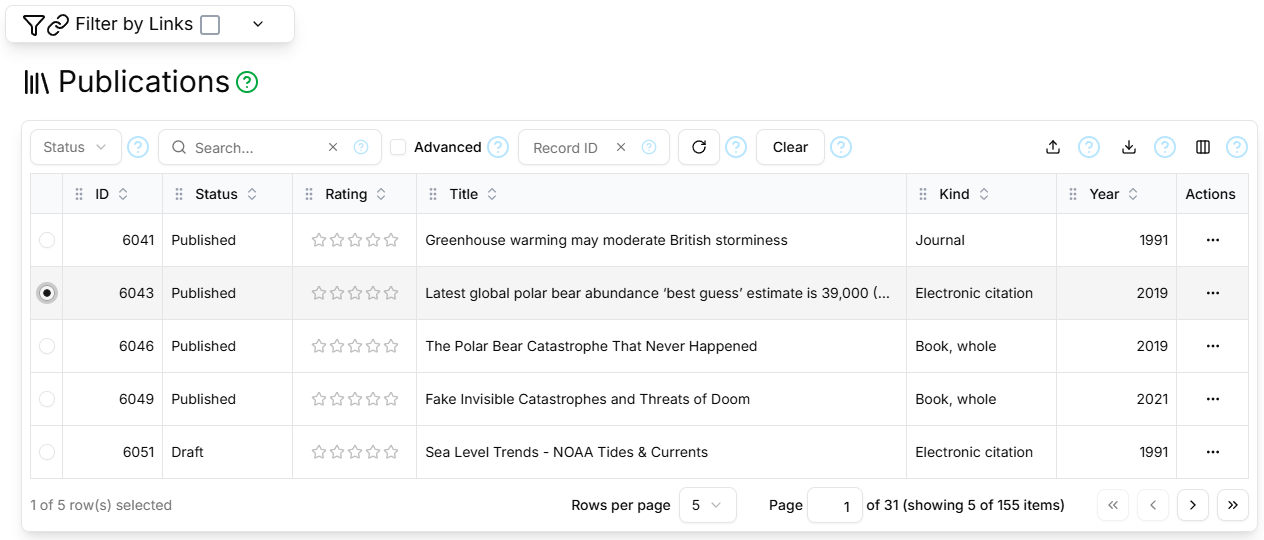 Screen-shot of the Publications table