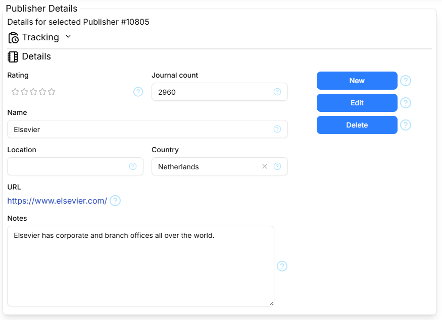Screen-shot of the Publishers details section