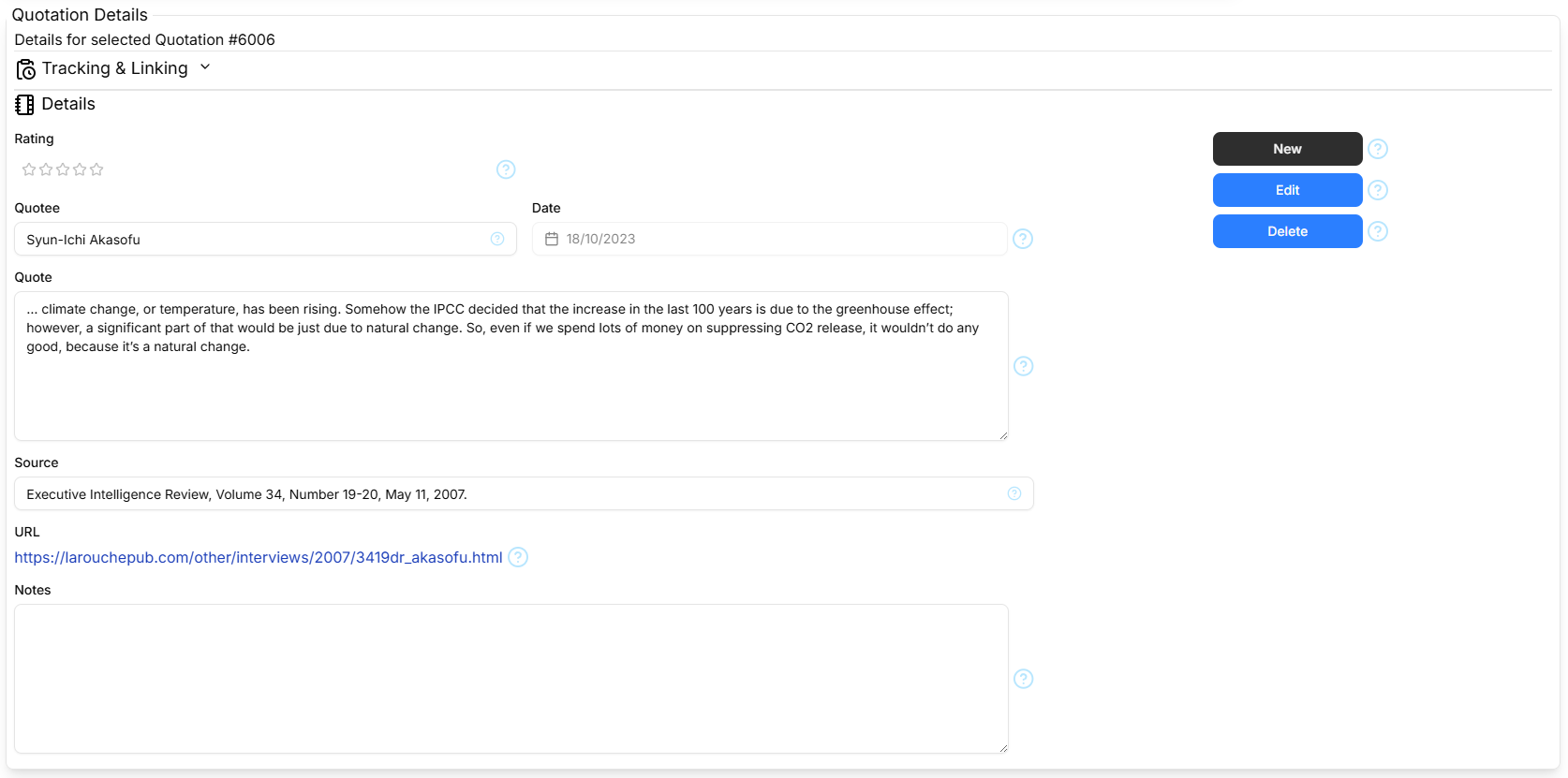 Screen-shot of the Quotations details section