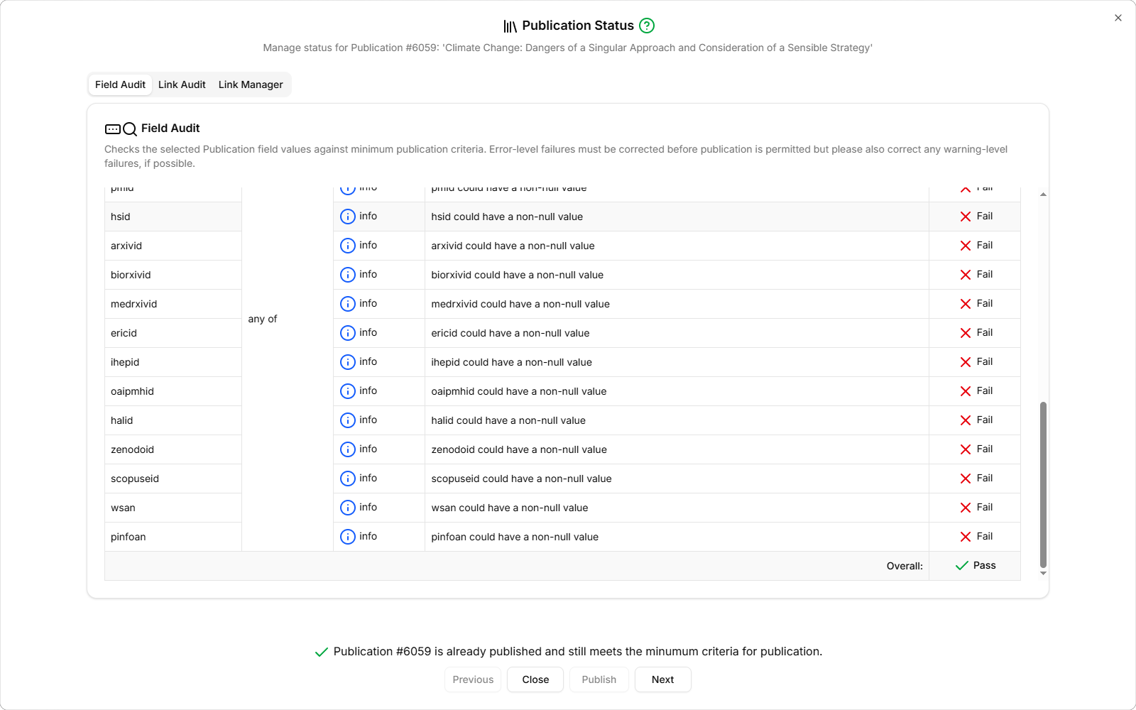 Screen-shot of the Field Audit tab