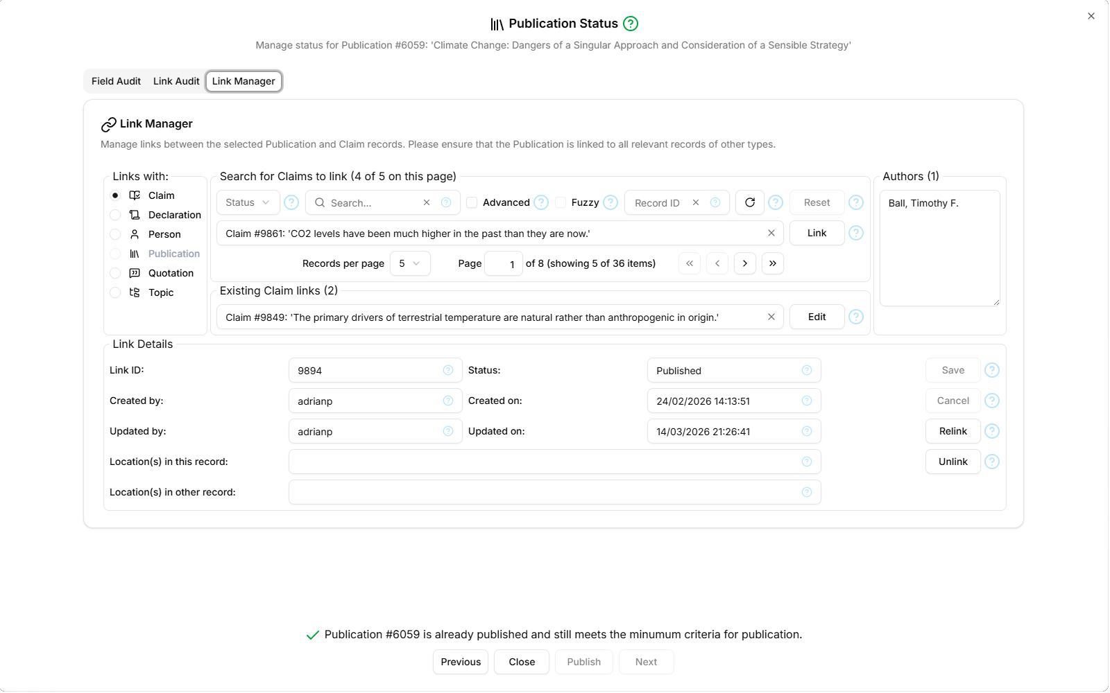 Screen-shot of the Link Manager tab